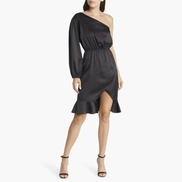 Area Stars Women Black Satin One-Shoulder Fit & Flare Cocktail Mini Dress Size M - Picture 1 of 9